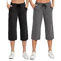 Specialmagic Womens 2 Pack Capri Pants Loose Yoga Cotton Capris Sweatpants 3 Pockets Wide Leg Drawstring Pajama Pants Black Grey Xl