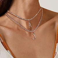 Rose Gold Initial Necklaces For Women, 14K Rose Gold Plated Tennis Chain Necklace Cubic Zirconia Initial Tennis Necklace, Bling Cz Letter Tennis Necklace For Women Girls Initial G Necklace