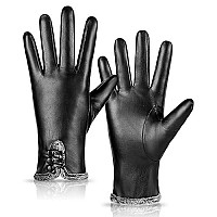 Magilink Womens Leather Gloves Fashion Cute, Gloves For Women Pu Warm Wool Fleece Lined, Winter Gloves For Women Touchscreen Driving(Black-L)