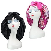 Hanbertti 2 Pack Silk Satin Hair Bonnet Sleeping Hat with Stretch Tie Band Bonnets Silk Bonnet Satin Bonnet Adjustable Bonnet for curly Hair Sleeping Adult Women girls(Black+Fushia Flower)