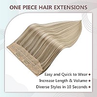 Full Shine Invisible Fish Line Real Hair Extensions 90 Grams Golden Blonde Mix Dirty Blonde Remy Wire Hair Extensions Straight Hairpiece One Piece Human Hair Extensions 20 Inch