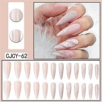 Votacos Press On Nails Long Stiletto Fake Nails Nude False Nails With Matte Design Glossy Stick On Nails For Women