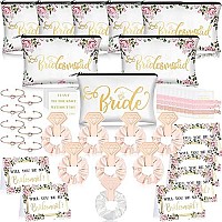 63 Pcs Bride Bridesmaid Proposal Gift Maid Of Honor Gifts Matron Of Honor Gifts Brides Bridesmaid Cosmetic Makeup Bag Hair Knotted Bracelets Invitation Cards For Wedding Bachelorette (Rose And Leaves)