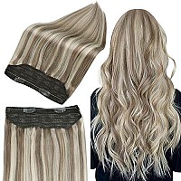 Full Shine Blonde Hair Extensions With Wire Light Brown Highlight Blonde 8P60 Invisible Fishing Wire Extensions Human Hair Straight 80G One Piece Extensions Adjustable Headband 12 Inch