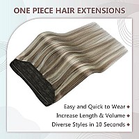 Full Shine Blonde Hair Extensions With Wire Light Brown Highlight Blonde 8P60 Invisible Fishing Wire Extensions Human Hair Straight 80G One Piece Extensions Adjustable Headband 12 Inch