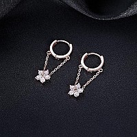 Reffeer 925 Sterling Silver Flower Chain Drop Earrings Hoop For Women Teen Girls Huggie Hoop Dangle Earrings Chain (C-Rose)