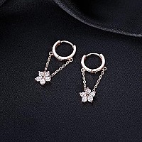 Reffeer 925 Sterling Silver Flower Chain Drop Earrings Hoop For Women Teen Girls Huggie Hoop Dangle Earrings Chain (C-Rose)