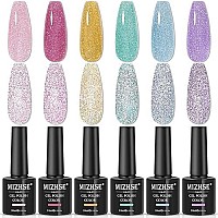 Mizhse Reflective Gel Nail Polish Base Coat 10Ml, 2 In 1 Glitter Shiny Rubber Base Coat Nail Art Soak Off Shimmery Manicure Set For Home Salon 6 Pcs