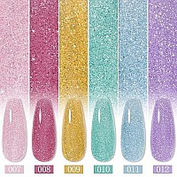 Mizhse Reflective Gel Nail Polish Base Coat 10Ml, 2 In 1 Glitter Shiny Rubber Base Coat Nail Art Soak Off Shimmery Manicure Set For Home Salon 6 Pcs