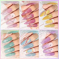 Mizhse Reflective Gel Nail Polish Base Coat 10Ml, 2 In 1 Glitter Shiny Rubber Base Coat Nail Art Soak Off Shimmery Manicure Set For Home Salon 6 Pcs