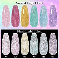 Mizhse Reflective Gel Nail Polish Base Coat 10Ml, 2 In 1 Glitter Shiny Rubber Base Coat Nail Art Soak Off Shimmery Manicure Set For Home Salon 6 Pcs