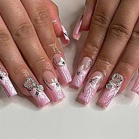 Babalal Coffin Press On Nails Long French Fake Nails Pink Glossy Glue On Nails With Flower Design Acrylic Nails 24Pcs Long Nails