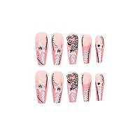 Babalal Coffin Press On Nails Long French Fake Nails Pink Glossy Glue On Nails With Flower Design Acrylic Nails 24Pcs Long Nails