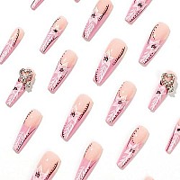 Babalal Coffin Press On Nails Long French Fake Nails Pink Glossy Glue On Nails With Flower Design Acrylic Nails 24Pcs Long Nails