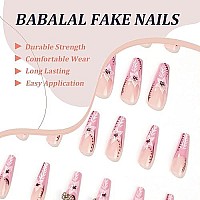 Babalal Coffin Press On Nails Long French Fake Nails Pink Glossy Glue On Nails With Flower Design Acrylic Nails 24Pcs Long Nails