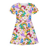 Raisevern Toddler Girl Dress Rainbow Butterflies Print T Shirt Dresses Short Sleeve Casual Sundress Summer Holiday Birthday Swing Little Kids Theme Party Twirly Skirt 8-9 Years Pink