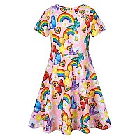 Raisevern Toddler Girl Dress Rainbow Butterflies Print T Shirt Dresses Short Sleeve Casual Sundress Summer Holiday Birthday Swing Little Kids Theme Party Twirly Skirt 4-5T Pink