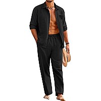 Coofandy Men 2 Piece Linen Set Outfits Beach Button Down Shirts And Drawstring Waist Pants Sets Summer Yoga Outfits