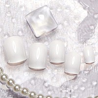 Handmade Gel Press On Nails Short, Milk White Semi-Transparent Jelly Fake Nails With Design Square Shape False Nails Kit Reusable Full Cover Stick On Nails With Nail Glue In 12 Sizes For Women Men Girls, Final Pearl