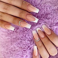 24 Pcs French Tip Press On Nails Medium Fake Nails, Square Shaped Glue On Nails Glossy Full Cover False Nails With Designs Acrylic Nails Press Ons For Women Girls