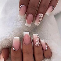 24 Pcs Medium Square Fake Nails French Tip Press On Nails, Glossy Glue On Nails Full Cover False Nails With Rhinestones Flowers Designs Medium White Nail Tips Pink Acrylic Nails For Women Girls