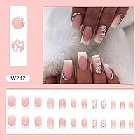 24 Pcs Medium Square Fake Nails French Tip Press On Nails, Glossy Glue On Nails Full Cover False Nails With Rhinestones Flowers Designs Medium White Nail Tips Pink Acrylic Nails For Women Girls