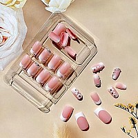 24 Pcs Medium Square Fake Nails French Tip Press On Nails, Glossy Glue On Nails Full Cover False Nails With Rhinestones Flowers Designs Medium White Nail Tips Pink Acrylic Nails For Women Girls