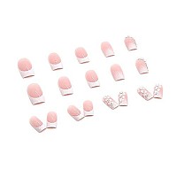 24 Pcs Medium Square Fake Nails French Tip Press On Nails, Glossy Glue On Nails Full Cover False Nails With Rhinestones Flowers Designs Medium White Nail Tips Pink Acrylic Nails For Women Girls