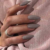 Gray Press On Nails Medium Stiletto Almond,Kqueenest Pure Color Acrylic Nails Kit Reusable Fake Nails With Feature Protective Uv Coating For Women Nail Art Manicure In 24Pcs