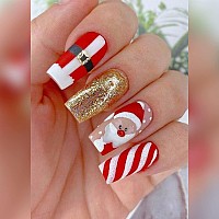 Votacos Golden French Tip Press On Nails New Years Party Long Coffin Red Fake Nails Nude False Nails With Santa Claus Design Matte Stick On Nails For Women 418