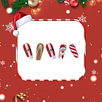 Votacos Golden French Tip Press On Nails New Years Party Long Coffin Red Fake Nails Nude False Nails With Santa Claus Design Matte Stick On Nails For Women 418