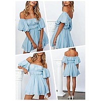 Dokotoo Women One Shoulder Dresses Fashion 2023 Lantern Sleeve Blue Pirate Dress Ruffle Elastic Waist A-Line Spring Dresses For Wedding Guest X-Large