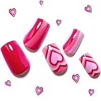 Hot Pink Press On Nails For Girlfriend, Glamermaid White Glue On Nails For Valentines Day Gift Sweet Heart Fake Nails Medium, False Nail Kits Acrylic Stick On Nails Sets For Women Girlfriend Gift