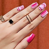 Hot Pink Press On Nails For Girlfriend, Glamermaid White Glue On Nails For Valentines Day Gift Sweet Heart Fake Nails Medium, False Nail Kits Acrylic Stick On Nails Sets For Women Girlfriend Gift