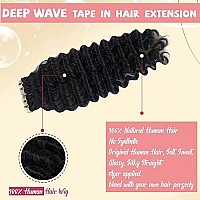 Tape In Hair Extensions Human Hair Deep Wave 100% Real Human Hair Extensions Seamless Skin Weft Adhesive Tape Hair For Women, Curly Natural Black 9A Brazilian Remy Tape Ins 22 100Gpack Glue In Hair