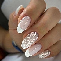 Foccna French White Press On Nails Medium, Almond Acrylic False Nails,Artificial Nails Fake Nails For Nail Art Manicure Decoration 24Pcs