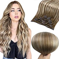 Full Shine Clip In Hair Extensions Real Human Hair Brown To Blonde 120G 7Pcs Invisible Clip In Human Hair Extensions Medium Brown Mix Platinum Blonde Double Weft Hair Extension Straight Hair 22 Inch