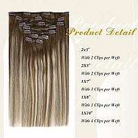 Full Shine Clip In Hair Extensions Real Human Hair Brown To Blonde 120G 7Pcs Invisible Clip In Human Hair Extensions Medium Brown Mix Platinum Blonde Double Weft Hair Extension Straight Hair 22 Inch