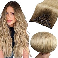 Full Shine Blonde Clip In Extensions Real Human Hair Balayage Chestnut Brown To Honey Blonde Mix Platinum Blonde Clip In Human Hair Extensions 7 Pcs 120G Double Weft Hair Extension Clip Ins 16 Inch