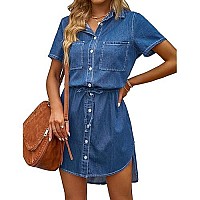 Luvamia Womens Casual Denim Dress Short Sleeves Tie Waist Button Down Denim Short Jean Dress Classic Blue Size Xs