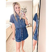 Luvamia Womens Casual Denim Dress Short Sleeves Tie Waist Button Down Denim Short Jean Dress Classic Blue Size Xs