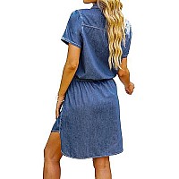 Luvamia Womens Casual Denim Dress Short Sleeves Tie Waist Button Down Denim Short Jean Dress Classic Blue Size Xs