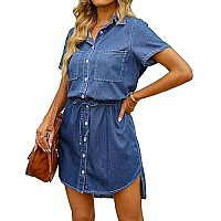 Luvamia Womens Casual Denim Dress Short Sleeves Tie Waist Button Down Denim Short Jean Dress Classic Blue Size Xs