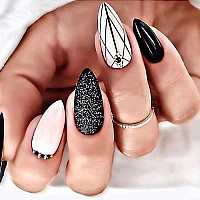 Imsohot Glossy Stiletto Press On Nails Medium Almond Black Fake Nails Diamond Spider Web False Nails With Deisgns Glitter Full Cover Acrylic Nails