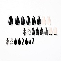 Imsohot Glossy Stiletto Press On Nails Medium Almond Black Fake Nails Diamond Spider Web False Nails With Deisgns Glitter Full Cover Acrylic Nails