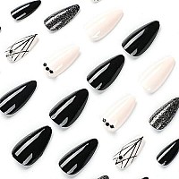 Imsohot Glossy Stiletto Press On Nails Medium Almond Black Fake Nails Diamond Spider Web False Nails With Deisgns Glitter Full Cover Acrylic Nails