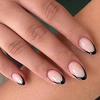 Foccna French Tip Fake Nails Black Press On Nails Short Acrylic Full Cover False Nails For Daily Wear Artificail Almond Nails For Women And Girls 24Pcsa