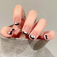 Valentines Day Square Press On Nails French Tip Design Fake Nails With Glossy Acrylic Artificial White Heart Nails Nude Pink Full Cover Glue On Nails Stick On Nails Decorations For Women Girls(Black)