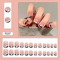 Valentines Day Square Press On Nails French Tip Design Fake Nails With Glossy Acrylic Artificial White Heart Nails Nude Pink Full Cover Glue On Nails Stick On Nails Decorations For Women Girls(Black)