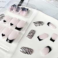 Valentines Day French Tip Press On Nails Pink Short Fake Nails Acrylic Square False Nails Heart Design Nails Artificial Full Cover Glue On Nails Stick On Nails For Women Girls Manicure Art(Black)